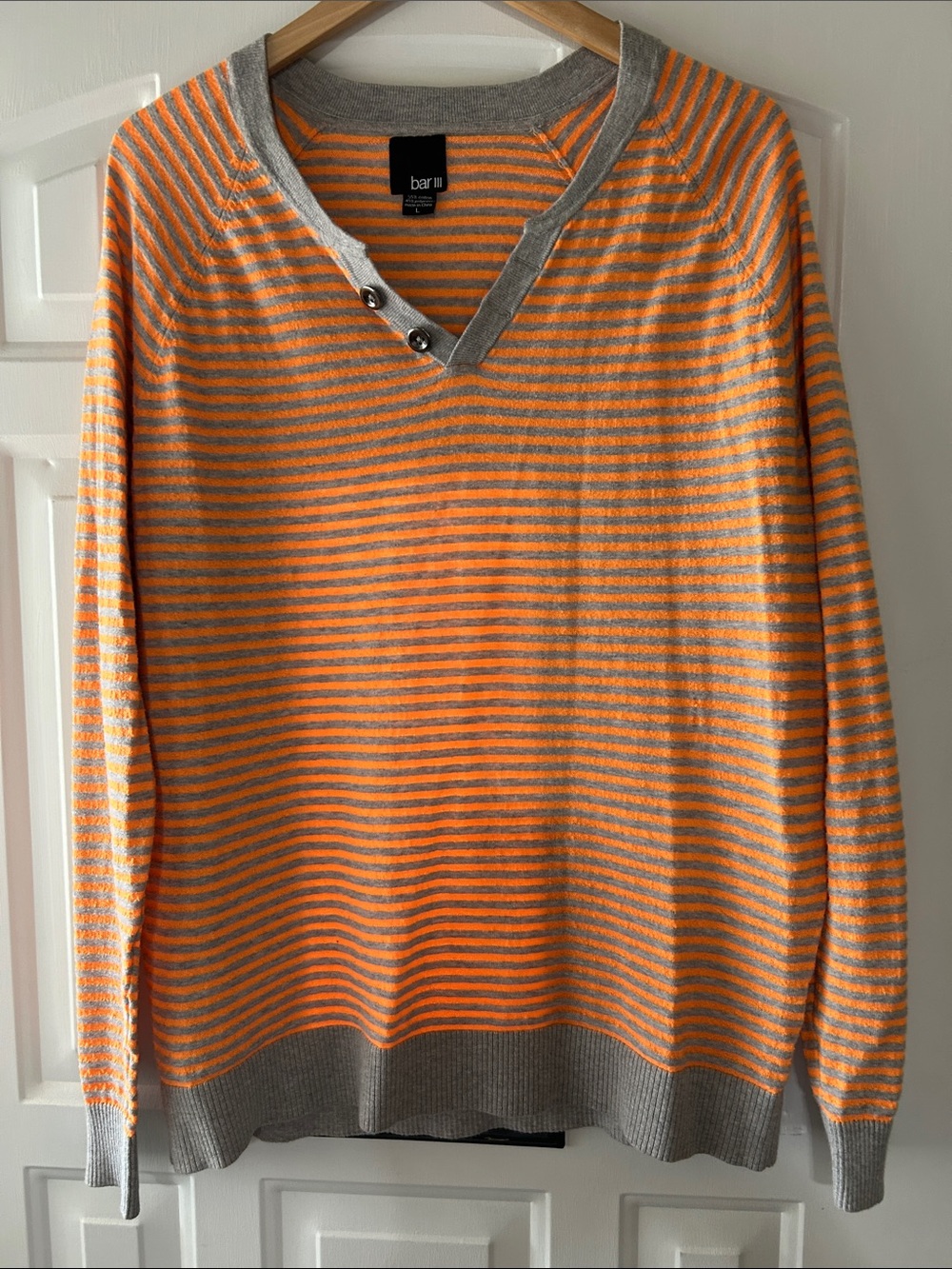 bar III Men’s Orange & Gray Striped V-Neck Sweater